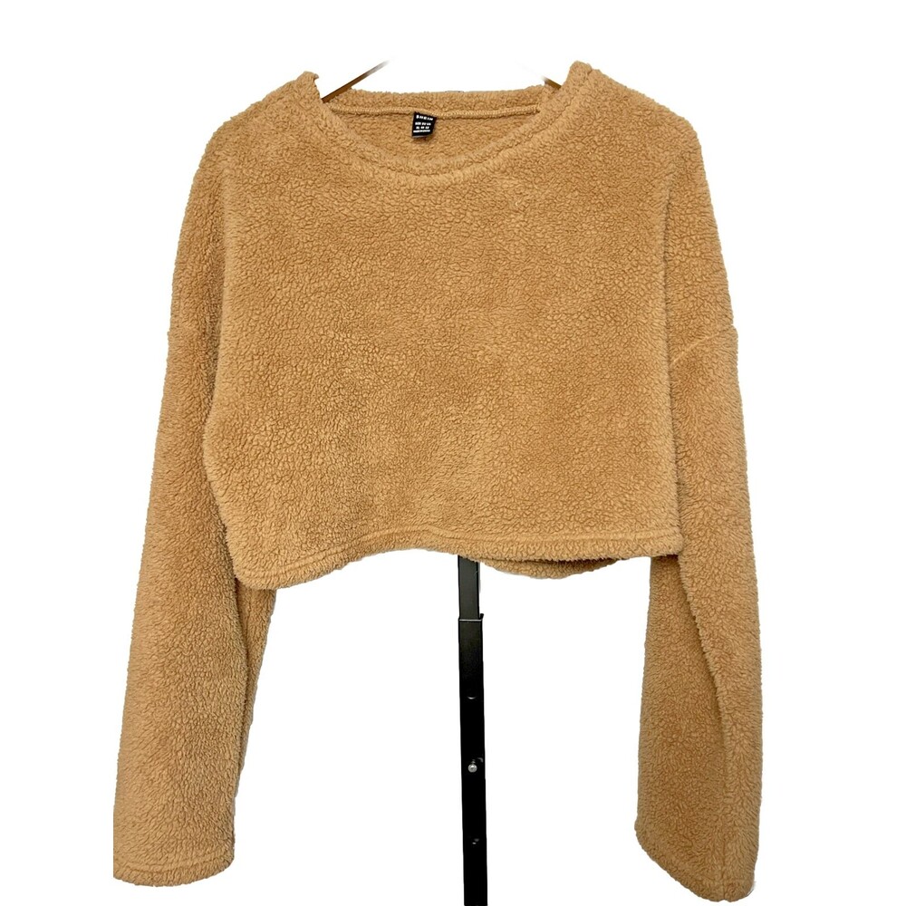 Shein Crop Teddy Fleece Sweater XL 12 Brown Earth Tone Cozy Drop Shoulder Layer
